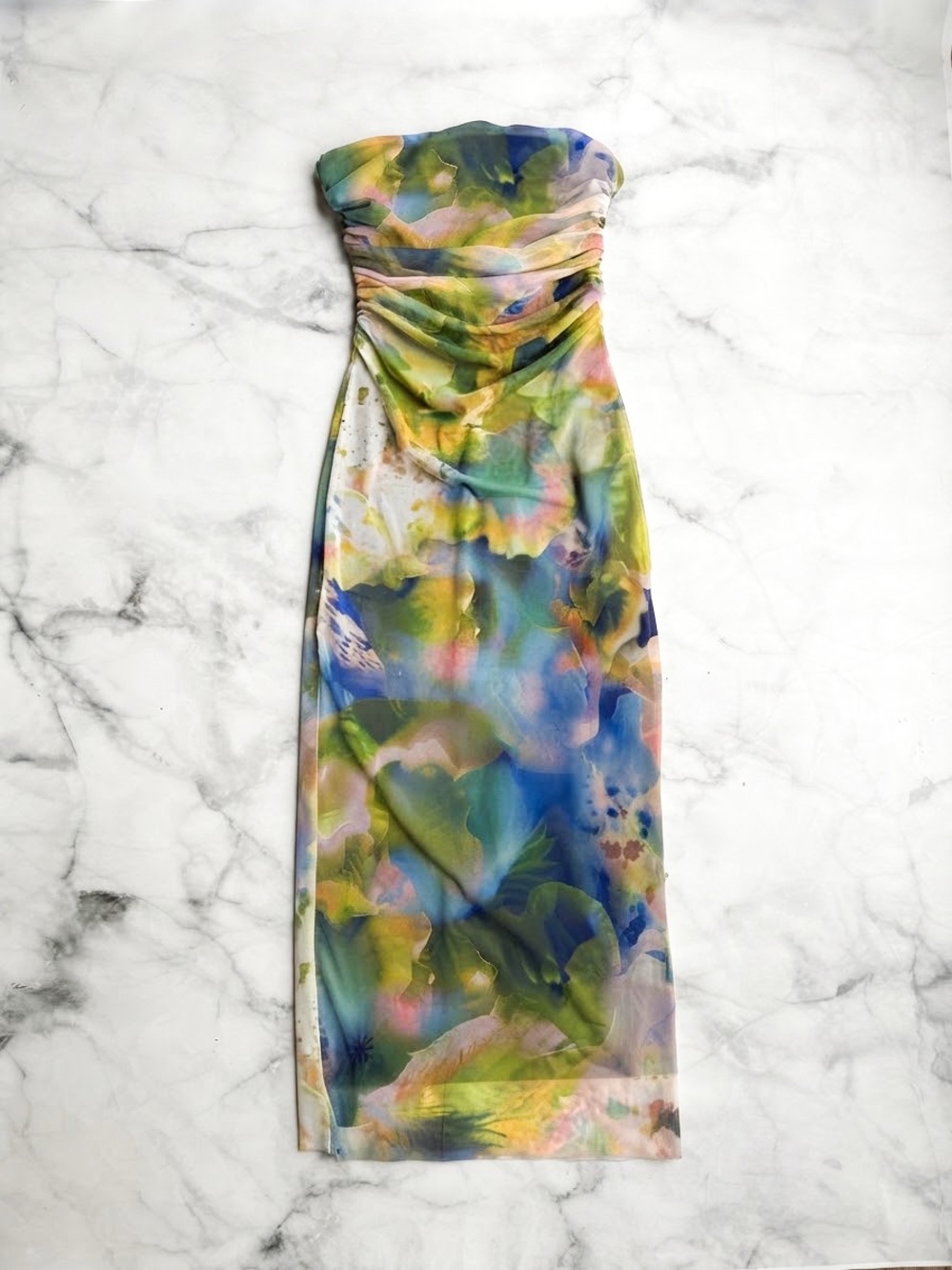 ZARA Ruched Tulle Watercolor Print Midi Dress S